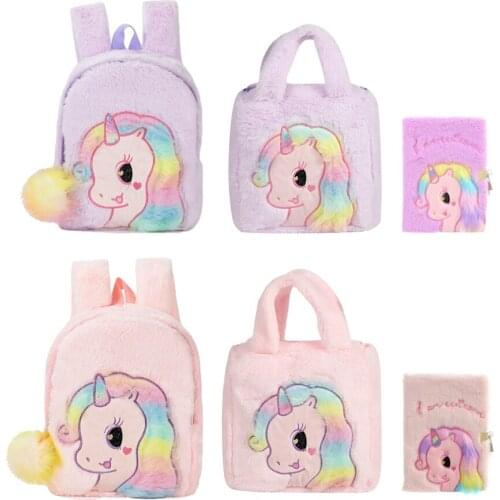 Baby Kids Plush Unicorn Backpack with Handbag Notebook Ball Hanging Princess Girl Cartoon Rainbow Color Soft Fur Shoulder Bags