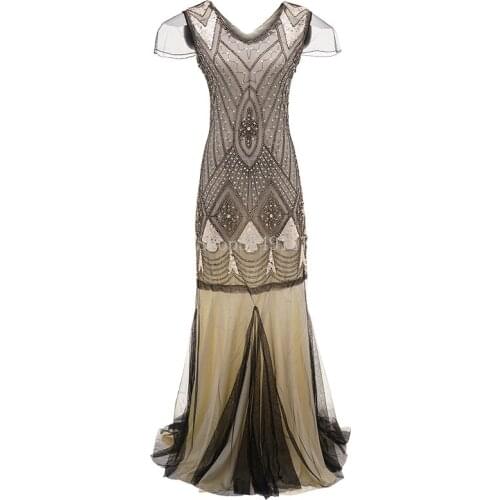 Women 1920s Great Gatsby Dress Long 20s Flapper Vintage V Neck Short Sleeve Maxi Party Dress for Prom Cocktail