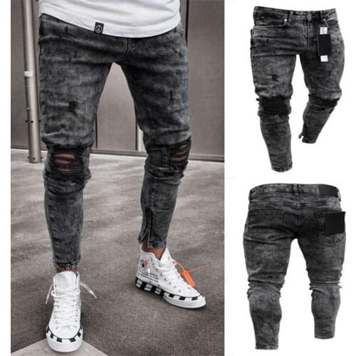 Skinny Ripped Jeans Men Trousers Zipper Design Slim Locomotive Hip-Hop Jeans Black Hole Cowboy Trousers Denim Clothing man