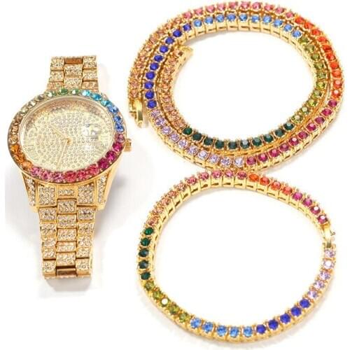 Full Cubic Zircon Necklace +Watch+Bracelet Hip Hop Jewelry Set Iced Out Crystal Tennis Necklace Bracelet Party Jewelry Set