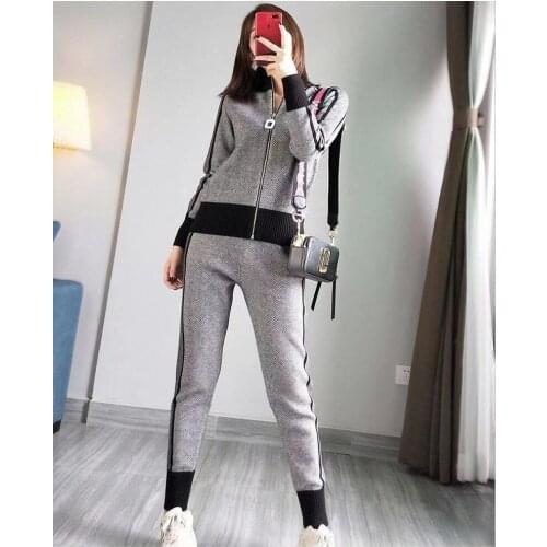 Ribbed Printed Tracksuit 2 Piece Set Knitted Long Sleeve Two Piece Set Pant Suits for Women Autumn Top and Pants Suit Outwear