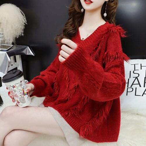 2021 Autumn V Neck Women Red Knitting Sweaters And Pullovers Korean Tassel Long Sleeve Sweater Loose Knitted Jumper Pull Female