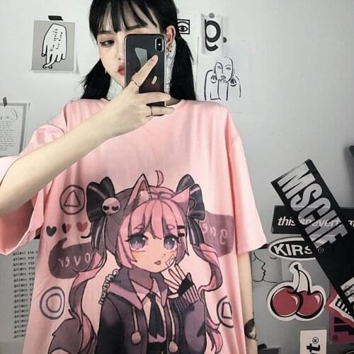 Casual Grunge Clothes Cartoon Print Short Sleeve Plus Size Fashion 90s Aesthetic Alternative Clothing Anime Tshirt Women Kawai