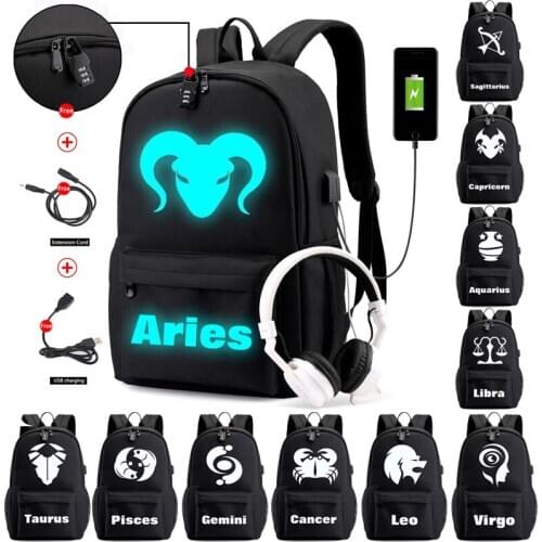12 Constellation Luminous Backpack for Boys Girl School Student Bag USB Charging Anti-theft Backpack Travel Canvas Men Women Bag