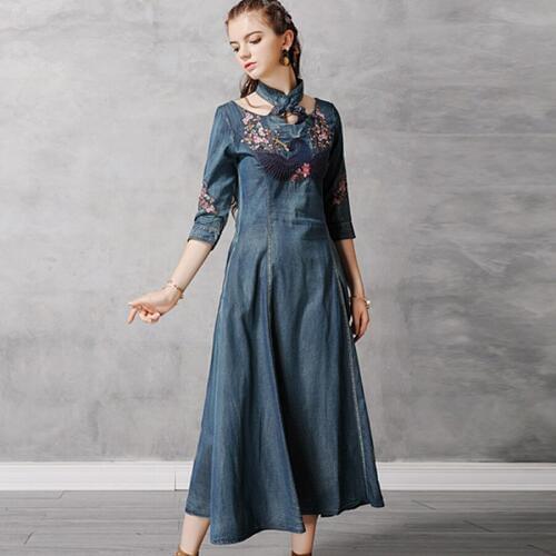 TEELYNN denim dresses for women cheongsam dresses bule cotton Phoenix floral Embroidery boho dress autumn Gypsy dresses vestidos