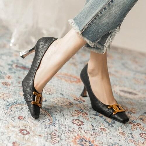 Square Toe Women Pumps Thin High Heels Office Shoes Candy Color Ladies Sandals Slip on Mules Metal Chain Black Pumps Work Pumps