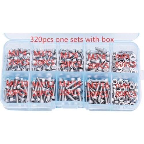 320Pcs/set DIN912 M2 M2.5 M3 304 Stainless Steel Hexagon Socket Head Cap Screws Bicycle Hex Bolts Assortment Kit
