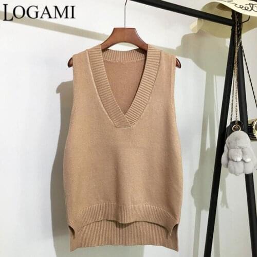 LOGAMI V-neck Knitted Vest Womens Sleeveless Autumn and Winter Sweater Loose Solid Sweaters Vest