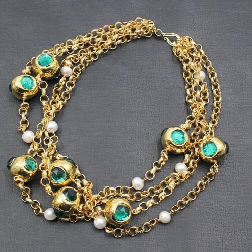 GuaiGuai Jewelry 4 Rows Natural White Round Pearl Green Crystal Gold Plated Beads Chain Necklace Handmade For Women