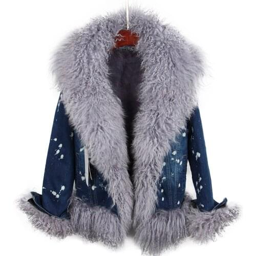 Brand Real Fur Coat 2020 Winter Jacket Women Parka Real Mongolia Sheep Fur Denim Jacket Warm Outerwear Streetwear Ins Fashion