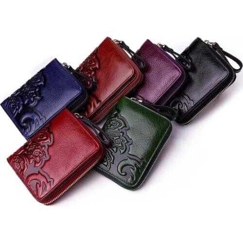 Ladies Genuine Leather Credit Card Bag Cow Print Wallet High Quality Double Zipper Wax Short Wallet Embossed Large Capacity