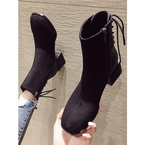 Womens shoes ankle boots 2020 autumn new square toe thick heel free side zipper back lace suede stitching Chelsea boots