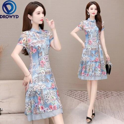 Summer Blue Floral Chiffon Midi Sundress 2021 Korean Women Boho Beach Dresses Party Casual Runway Bodycon Sexy Bodycon Vestidos