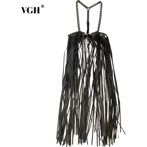 VGH Black Patchwork PU Leather Rivet Tassel Vests For Women Square Collar Sleeveless Sexy Tank Tops Female Korean Summer Fashion