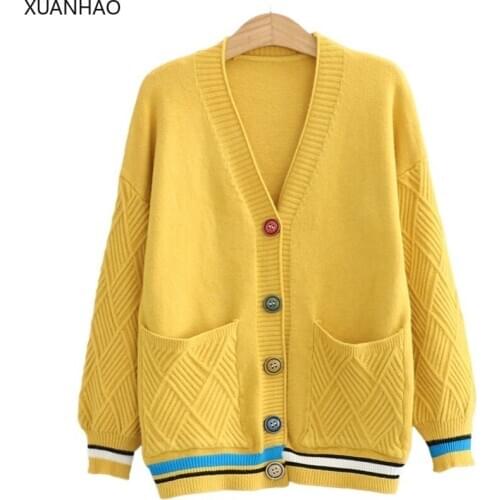 XUANHAO Women Knitted Cardigan Sweater Multicolor Button Patchwork Top Autumn Winter Long Sleeve Casual Outwears V Neck Coat