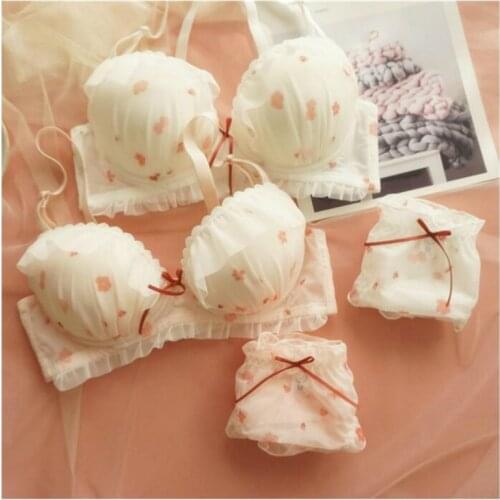 Plus Size Lingerie Push Up Kawaii Pink White Bra and Panty Set Underwear Women Girls Fox Gathered Bra Lace Bralette Panties 2021