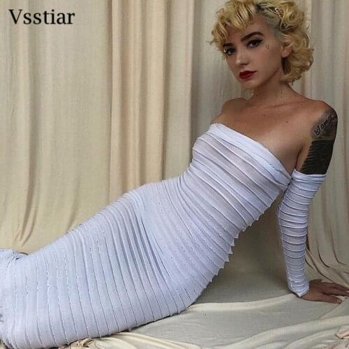 Vsstiar Slash Neck Midi Dress For Women Long Sleeve Knitting See Through Sexy Dresses Autumn Off Shoulder Bodycon Vestidos Party