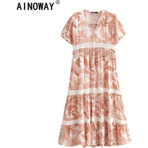 Vintage chic women floral print short sleeve rayon Bohemian dresses Ladies V neck Tassel Summer Boho pleated Maxi dress vestidos