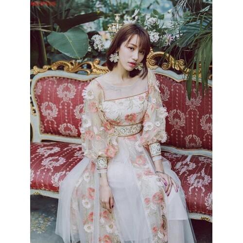 Original Design AIGYPTOS Spring Women Dress Vintage Elegant Slim Midi Dresses Retro Luxury Stereo Embroidery Flowers Mesh Dress