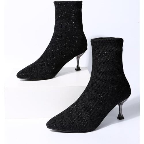2020 Winter Spring Sparkly Sock Boots Low High Heel Ankle Boots Luxury Women Desiger Glitter Short Boots Plus Size Party Shoes