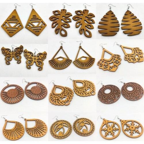 12 Pairs Different Styles Good Quality Wood Earrings Organic brown Hollow African Woman Wooden Brincos Pendant