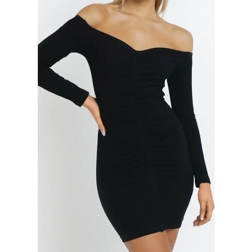 2020 Autumn Women Sheath Tight Dress Sexy Club Off Shoulder Evening Party Dress Slash Neck Long Sleeve Short Dress Solid Color