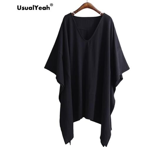 Black Drop Shoulder Bat Sleeve Plus Size Casual T shirt Fashion V Neck Irregular Loose Plain Tee Tops 4XL 5XL