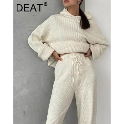 DEAT 2021 Autumn Winter Fashion Loose Solid Color Hooded Top Lace Up Long Pants Two Piece Set Women Tracksuit SG817