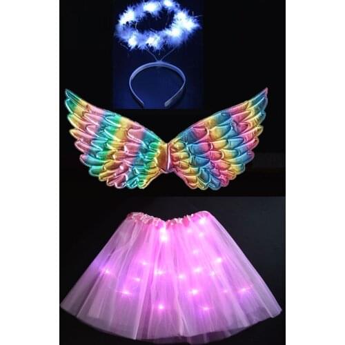 Children Girl LED Glow Party Supply Angel Wings Skirt Halo Costume Feather Angel Wings for Halloween Wedding Birthday Party Gift