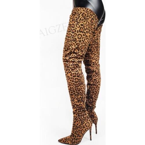 DOHBANER Women Over Knee Boots Studded Stiletto High Heels Thigh High Boots Pointy Toe 2021 Shoes Woman Big Size 41 42 43 45 47