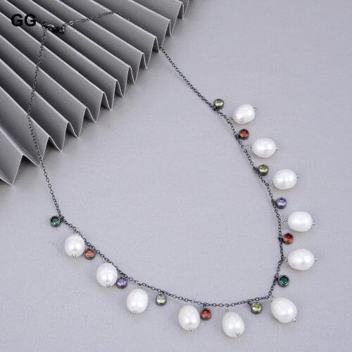 GuaiGuai Jewelry Natural Freshwater White Rice Pearl Multi Color Cz Pave Gunmetal Chain Necklace 17" For Women