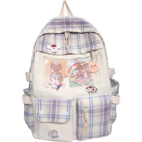 2021 Fashion Check School Bag For Teenage Girl Cute Women Backpack Multi-Pocket Anti-Theft Female Backpack Kawaii Travel Bag