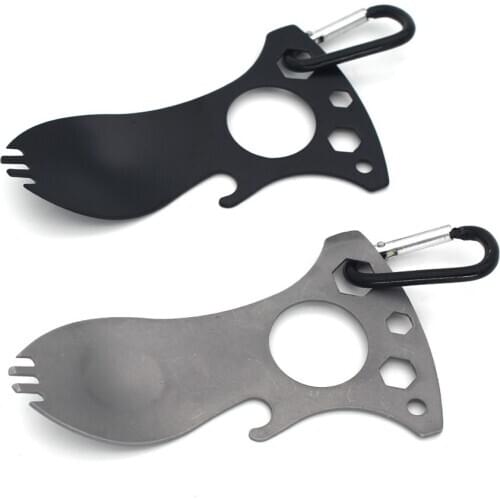 Multitool Spoon Stainless Steel Fork Spork Picnic Camp Multi Tool Flatware Utensil Portable Tableware Carabiner Clip Outdoor