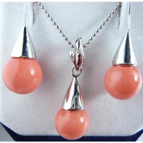 Coral Pink Shell Pearl Pendant Necklace Earrings 18K Silver Plated Jewelry Set Gift