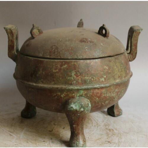 Song voge gem S2156 11" Old Chinese Bronze 3 Foot Food Water Wine Ware Vessel Handle Pot Jar Crock