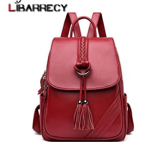 Braided Tassel Backpack Female Brand Leather Womens Backpack Large Capacity School Shoulder Bag for Girls Anti-theft Travel Bag