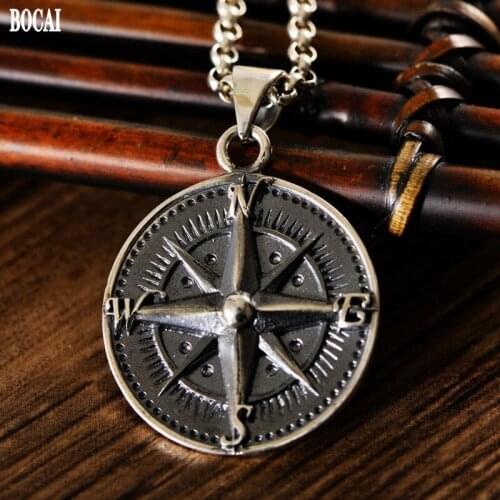 BOCAI 2021 Fashion New Real S925 Silver Retro Distressed Round Compass Pendant Exquisite Fashion Personality Man Pendant
