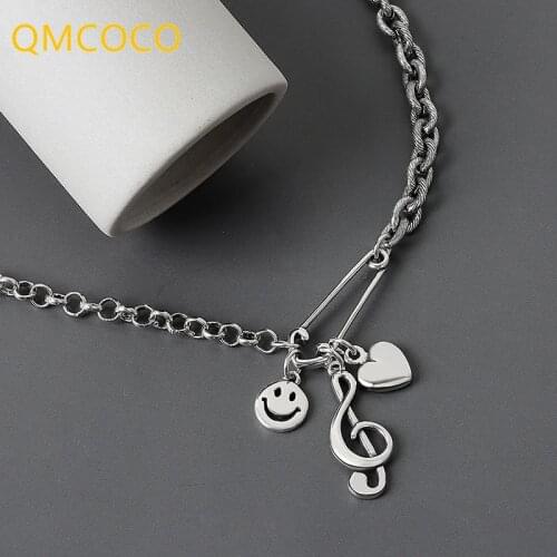 QMCOCO 925 Silver Heart-Shape Smile Face Music Score HipHop Pendant Creative Design Punk Rock Style For Women Party Jewelry Gift