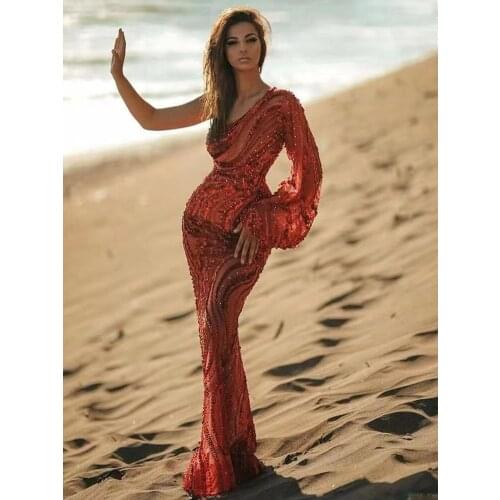 Luxury diamond Party Dresses Long Prom Dress elegant red One Shoulder sequin Evening Wear 2021 Robes birthday wedding for women