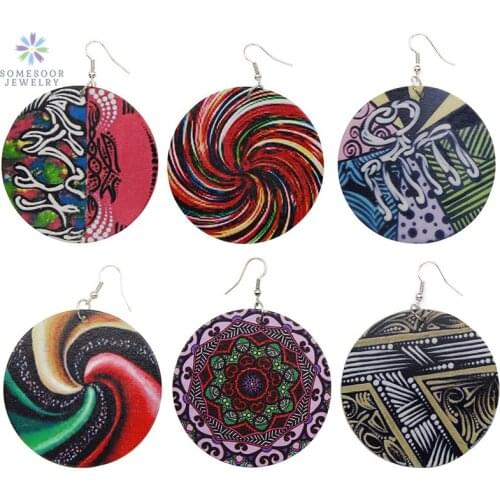 SOMESOOR Printed AFRO Bohemian Wood Drop Earrings African Comb Circle Dangle Ethnic Pendant Ear Jewelry For Girls Women Gifts