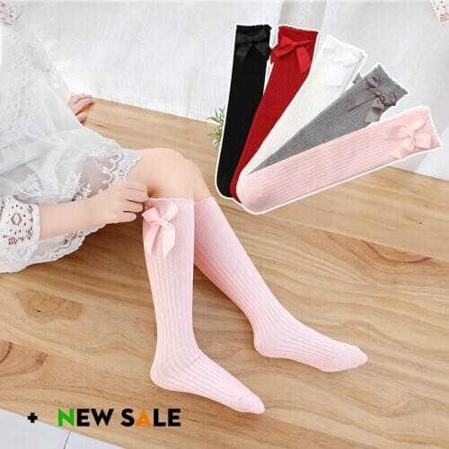 Spring And Autumn Children Girls Middle Tube Long Tube Student Pile Socks Satin Big Bow Baby Cotton Socks