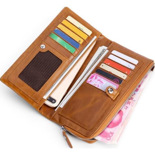 Vintage Leather Hand Wallet Smooth Crazy Horse Phone Purse Long Cow Leather Multifunction Card Slots Organiser Hand Bag