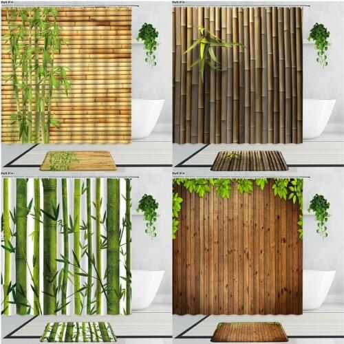 Green Bamboo Fabric Shower Curtains Plants Flowers Art Home Decor Background Bathroom Bath Curtain Set Non-Slip Carpet Doormat