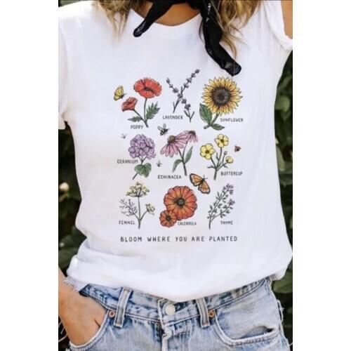 Harajuku Bloom Where You Are Planted Women Tshirt Streetwear Short Sleeve Tops Graphic Tees Botanical Flower O-neck T-shirt 2020