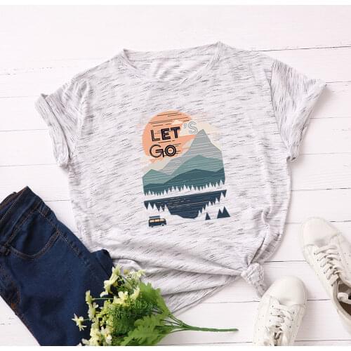 Women Cotton T- Shirt Lets Go Landscape Print Plus Size Short Sleeve Tops Shirts Graphic Tees Female Autumn Summer Tee Clothing