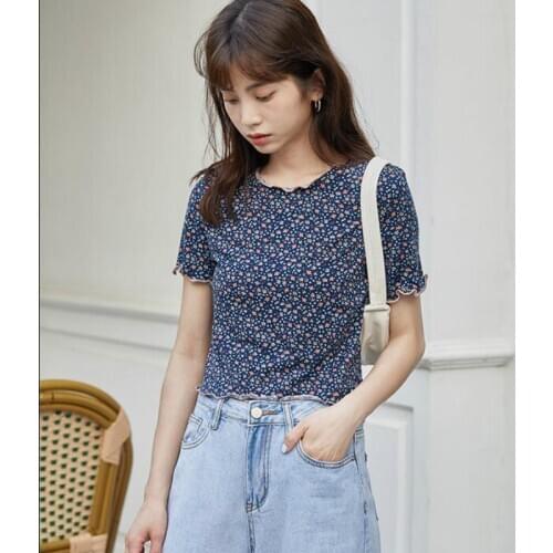 Women Vintage Small Floral Short Sleeve Crop Tops 2020 New Summer Casual Round Neck Knitted Stretch T-shirt