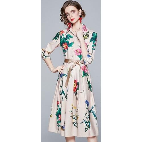 Women Dress Spring Summer 2021 New Fashion Elegant Ladies Floral Flowers Printing Belt Pleated Slim A-Line Long Dress