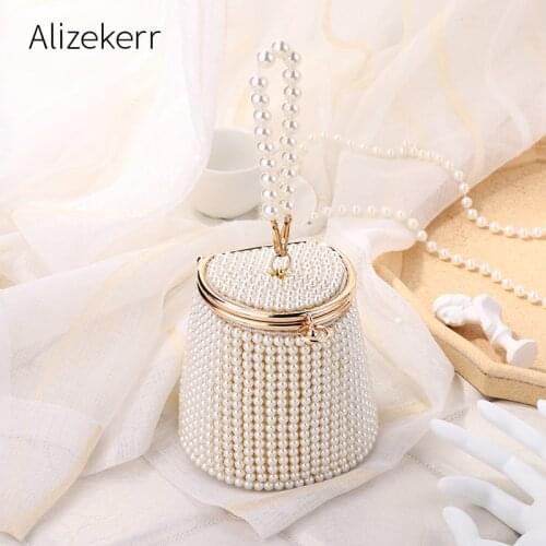 Mini Pearls Bucket Evening Bag Women New Chic Beading Wedding Bridal Clutch Purse Female Handmade Small Handbags Dinner Party