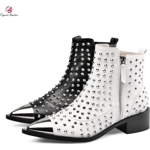 Original Intention Stylish Women Ankle Boots Winter All Rivet Black Pointed Toe Square Heels Boots Concise Shoes Woman Black