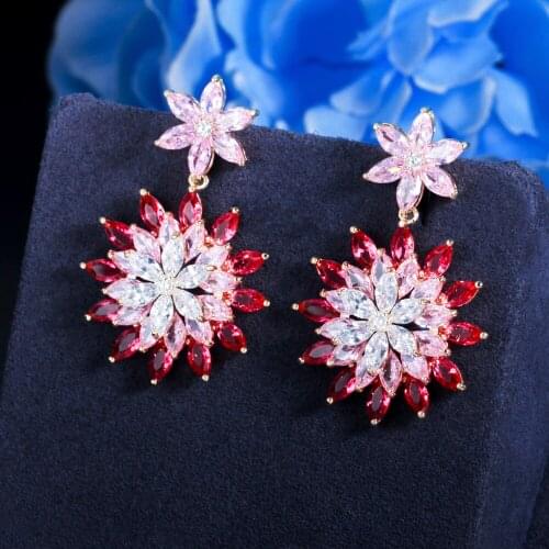 ThreeGraces Exquisite Flower Shape Red Cubic Zirconia Silver Color Long Dangle Earrings for Women Summer Party Jewelry ER657